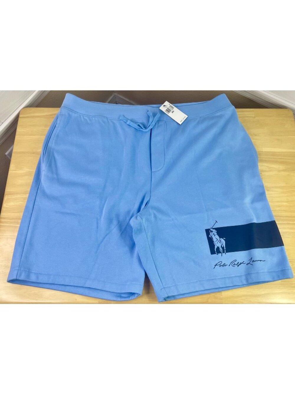 Polo Ralph Lauren Big Pony Logo Tape Graphic Blue Fleece Shorts, Men’s 3XB - NWT